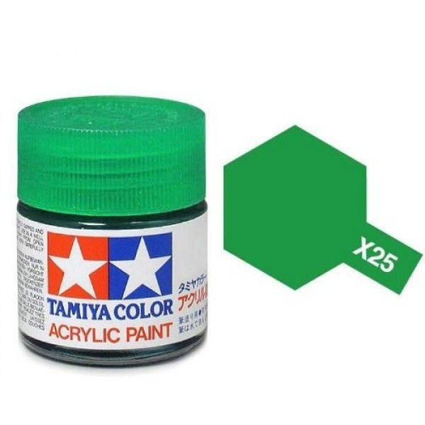 Vibrant Tamiya green acrylic paint X25 for hobbyists and model builders in clear jar.