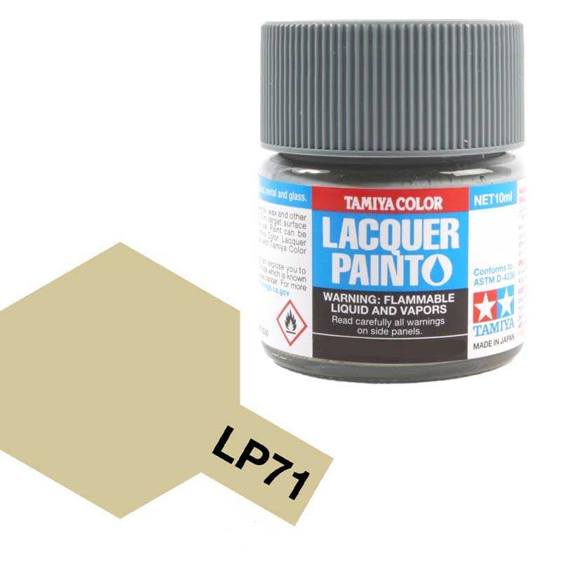 Tamiya LP71 Beige lacquer paint jar with color swatch and safety warnings for model enthusiasts.