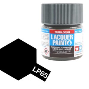 Tamiya LP65 Black Lacquer Paint, 10ml jar, ideal for model painting and precise applications.
