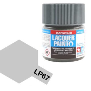 Tamiya LP67 lacquer paint jar with textured cap, soft gray color ideal for model building.