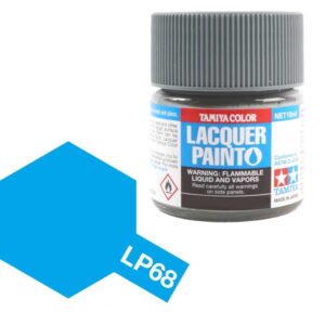 Tamiya LP68 lacquer paint in vibrant blue, perfect for modelers with essential safety warnings.