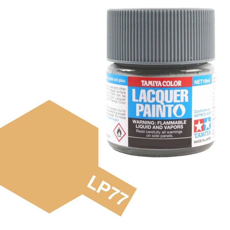 Tamiya LP77 Mustard Yellow lacquer paint jar for model building and hobby projects.