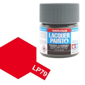 Tamiya LP79 red lacquer paint jar for precise modeling and detailing projects.