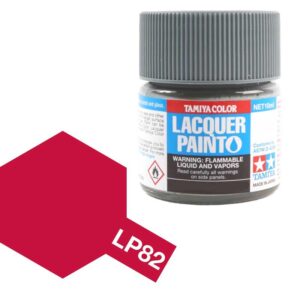 Vibrant Tamiya LP82 Red Lacquer Paint jar for modelers and hobbyists, featuring color swatch.