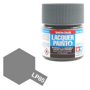 Tamiya LP85 lacquer paint jar with gray shade and safety labels for model painting.