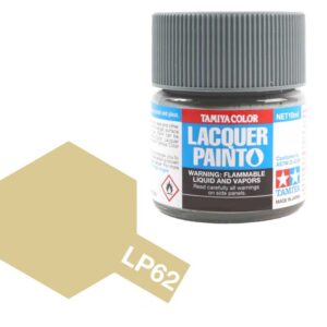 Tamiya LP62 beige lacquer paint jar with color swatch, ideal for model painting and crafting.