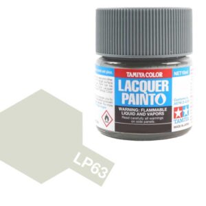Tamiya LP63 lacquer paint in pale gray with color swatch and safety warnings.