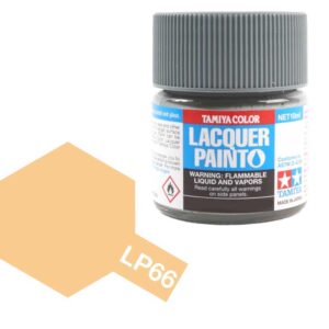 Tamiya LP66 light beige lacquer paint jar with safety label and color swatch displayed.