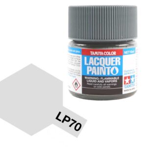 Tamiya LP70 Gray Lacquer Paint Jar for Models, with Safety Warnings and Color Swatch.