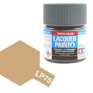 Tamiya LP75 lacquer paint jar with beige color swatch, highlighting safety and quality for modelers.