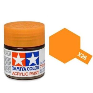 Vibrant Tamiya X26 orange acrylic paint jar with hexagonal color swatch for model enthusiasts.