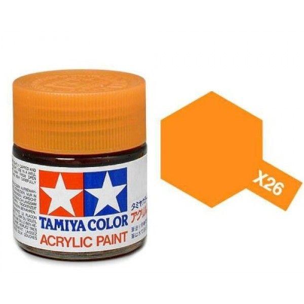 Vibrant Tamiya X26 orange acrylic paint jar with hexagonal color swatch for model enthusiasts.
