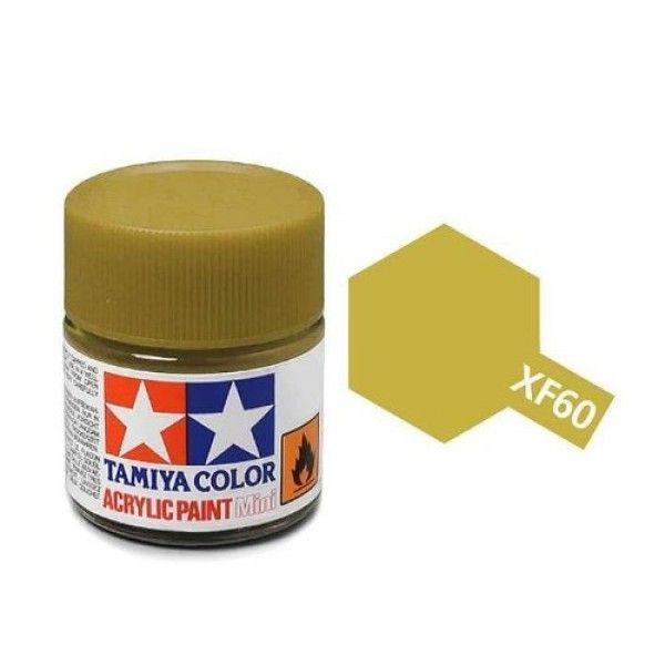 Tamiya XF60 acrylic paint jar, showcasing rich olive color for model projects and hobbyists.