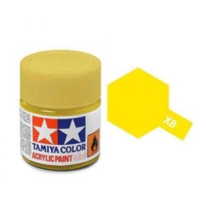 Tamiya X8 Yellow Acrylic Paint jar with vibrant swatch for model builders and hobby enthusiasts.