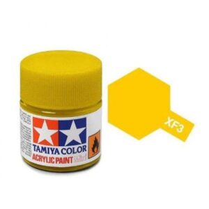 Tamiya XF-3 Yellow acrylic paint jar for detailed model painting and creative projects.