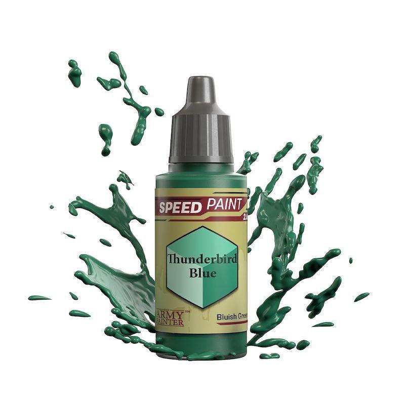 Vibrant Thunderbird Blue speed paint bottle with dynamic green splash, showcasing artistic creativity and excitement.