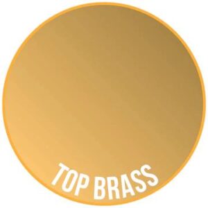 Luxurious metallic gold swatch Top Brass with reflective finish and elegant white typography.