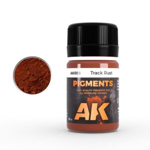 Track Rust pigment by AK for realistic weathering in modeling projects.