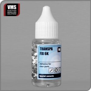 Transpa Fix 6K adhesive for clear model parts by VMS, featuring precise application nozzle.