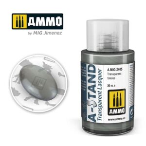 Transparent Smoke Lacquer by Ammo in a 30ml bottle, ideal for model builders and artists.