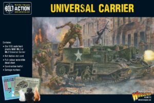 Universal Carrier in urban warfare with soldiers advancing amidst destruction and chaos.