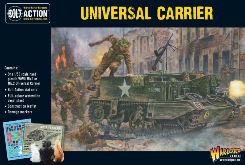 Universal Carrier in urban warfare with soldiers advancing amidst destruction and chaos.