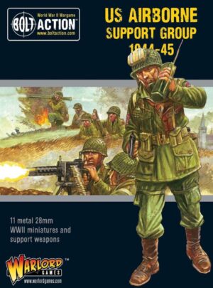 US Airborne Miniatures box cover showcasing WWII soldiers and dynamic battlefield action from 1944-1945.