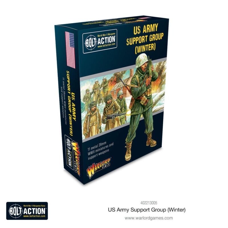 US Army winter miniatures for Bolt Action depict soldiers in winter gear battling in snowy conditions.