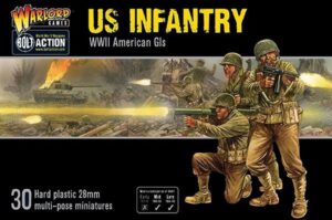 US Infantry WWII Miniature Set featuring 30 customizable American GIs by Warlord Games.