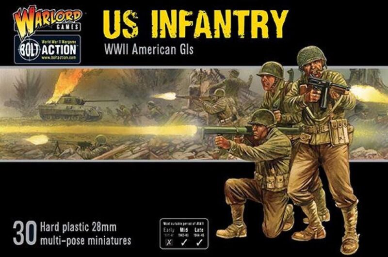 US Infantry WWII Miniature Set featuring 30 customizable American GIs by Warlord Games.