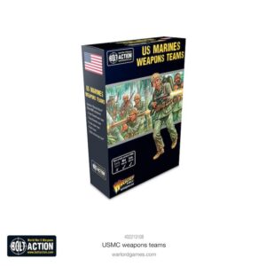 USMC Weapons Teams boxed set for Bolt Action featuring vibrant Marine combat artwork.