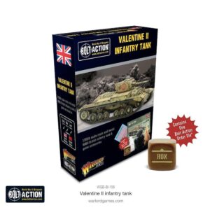 Valentine II Infantry Tank box featuring exclusive order dice for Bolt Action tabletop game.