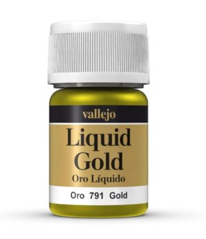 Vallejo Liquid Gold paint in a clear glass bottle for vibrant, metallic craft effects.