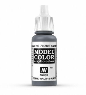 Vallejo Model Color Basalto acrylic paint for miniatures, featuring precise dropper cap and professional branding.