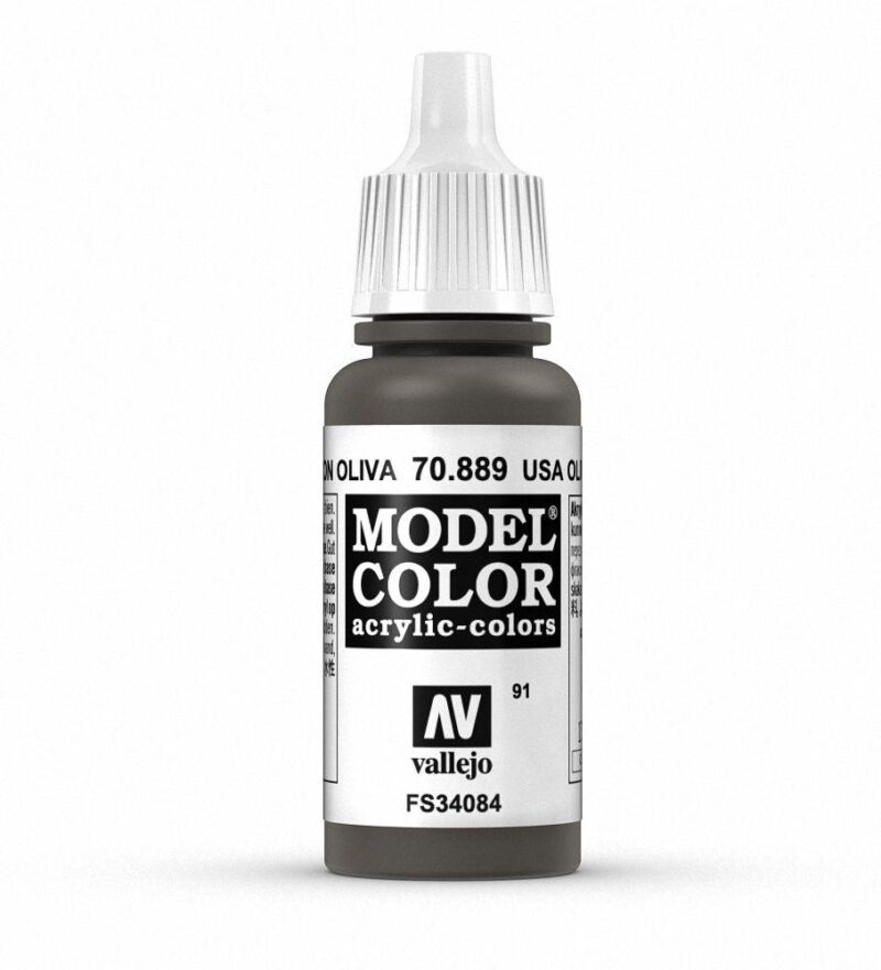 Vallejo 70.889 OLIVA acrylic paint bottle in muted olive green for model painting.