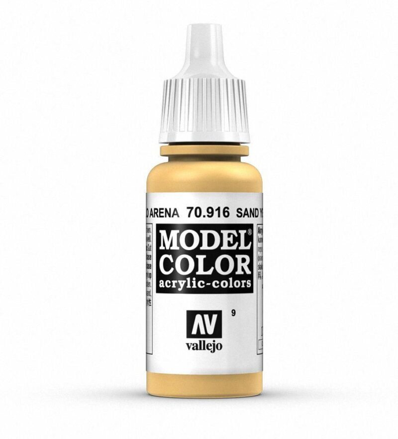 Vallejo Model Color 70.916 yellow acrylic paint in a sleek dropper bottle for precise application.