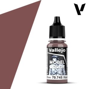 Vallejo Model Color Rose Paint 70.745 in clear bottle against a brown geometric background.