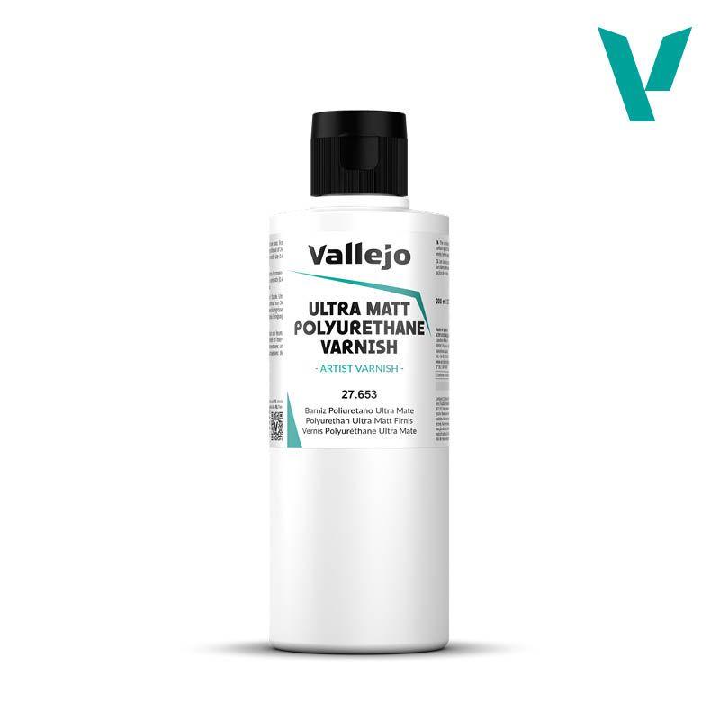 Vallejo Ultra Matt Polyurethane Varnish bottle for artists, providing durable protection and enhancement.