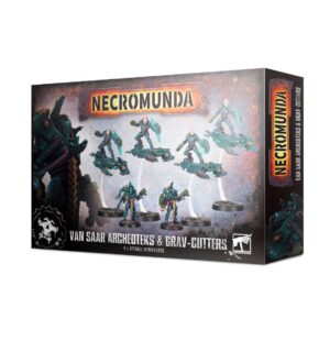 Van Saar Archeotecs and Grav-Cutters boxed set for Necromunda, featuring dynamic sci-fi miniatures.