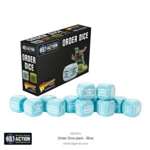 Glossy blue order dice for Bolt Action tabletop games with dynamic packaging design.