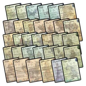 Explore 52 vintage fantasy game cards with elegant designs and unique titles in earthy tones.