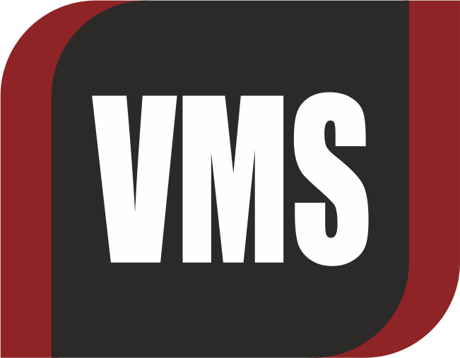 Modern VMS logo with bold white letters and maroon accent, symbolizing strength and professionalism.