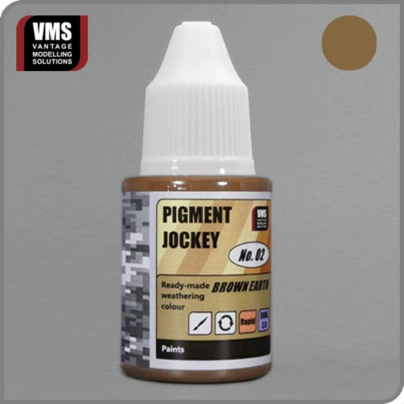 Vantage Modelling Solutions Pigment Jockey Brown Earth paint for realistic model weathering effects.