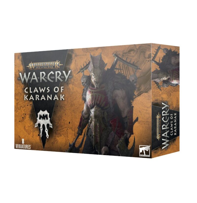 Warcry: Claws of Karanak box art features fierce character and intense, chaotic design.