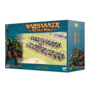 Vibrant Warhammer Goblin Mob Box Set with dynamic miniatures and fantastical battlefield art.