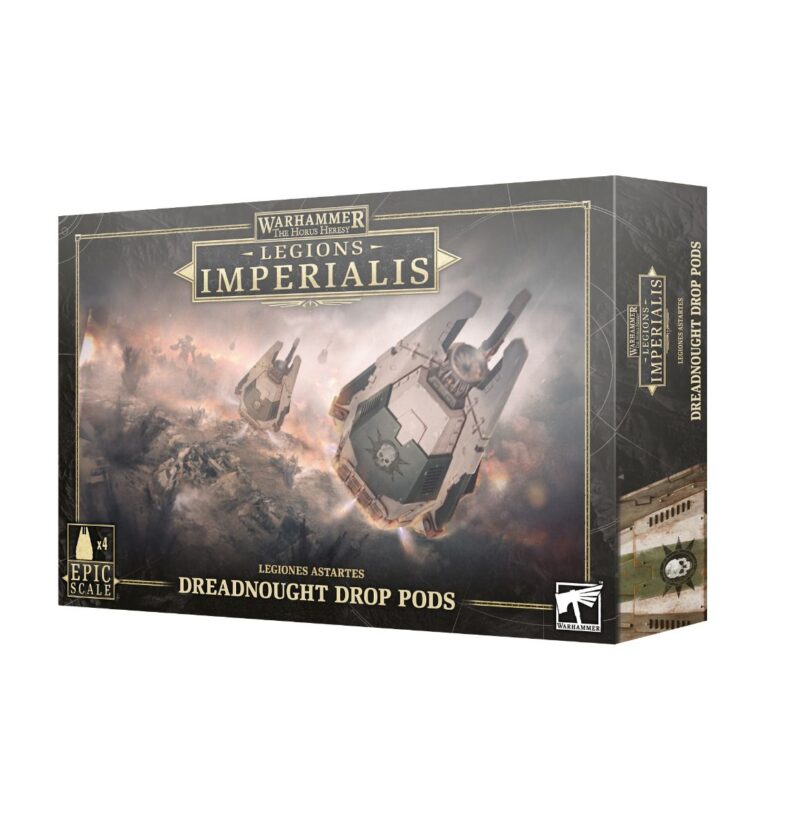 Dreadnought Drop Pods box art showcases dynamic sci-fi designs for Warhammer: Legions Imperialis.
