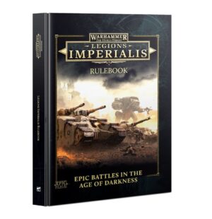 Epic Warhammer Legions Imperialis rulebook cover featuring war machines and dramatic combat imagery.