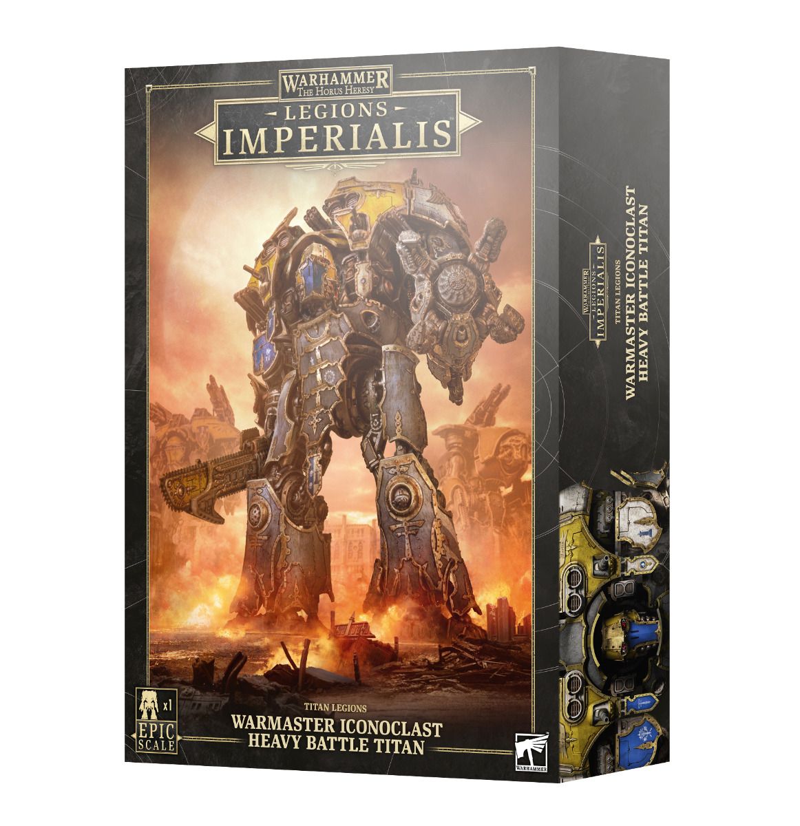 Warmaster Iconoclast Heavy Battle Titan box art from Warhammer: Legions Imperialis displays epic war scenes.