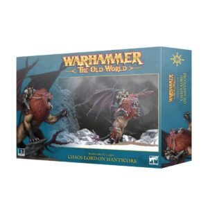 Chaos Lord and Manticore box in deep blue, showcasing epic Warhammer: The Old World adventure.