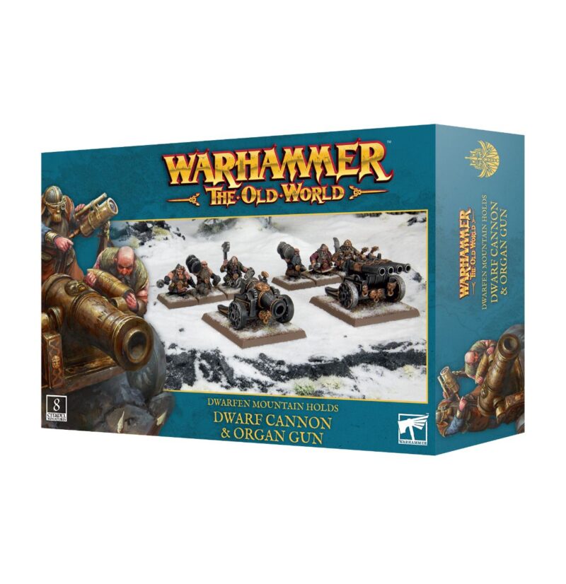 Dwarf Cannon and Organ Gun expansion box for Warhammer: The Old World, featuring detailed miniatures.